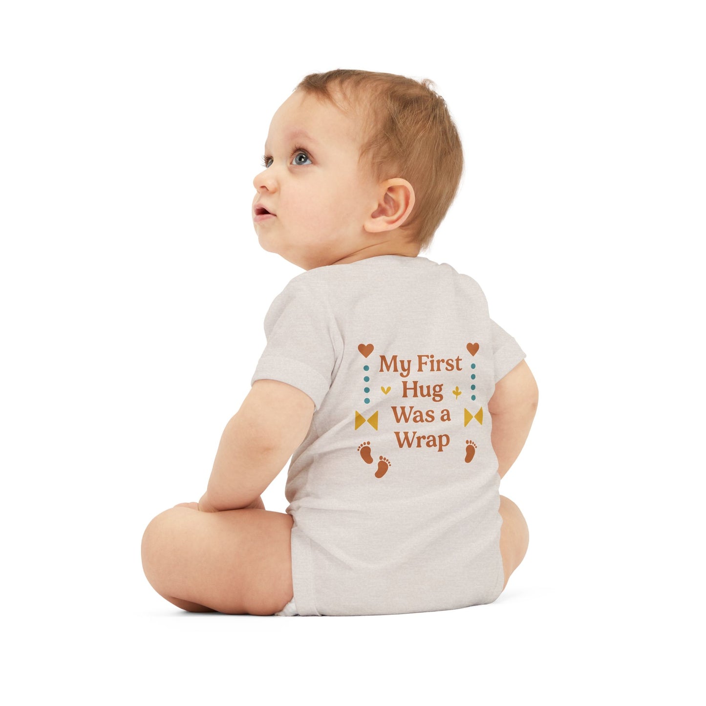Cute Infant Jersey One Piece with "My First Hug Was a Wrap" Design
