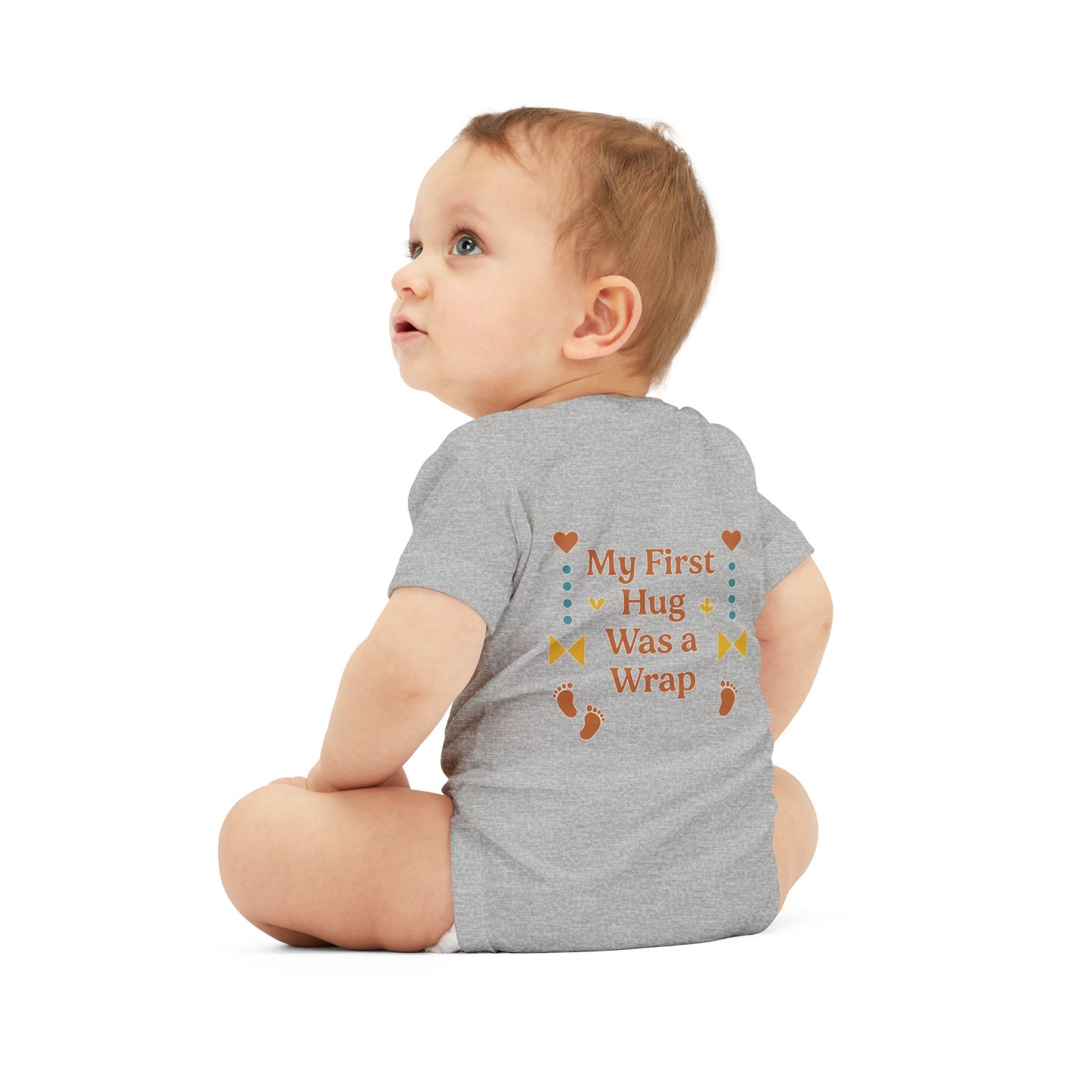 Cute Infant Jersey One Piece with "My First Hug Was a Wrap" Design